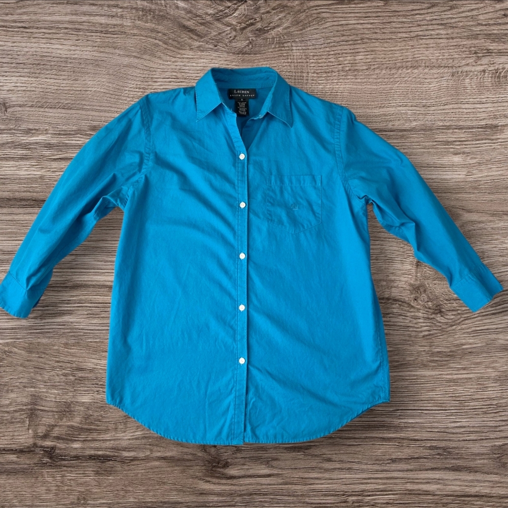Lauren Ralph Lauren Women’s Vibrant Turquoise Blue ¾ Sleeve Button-Up Shirt - Sm